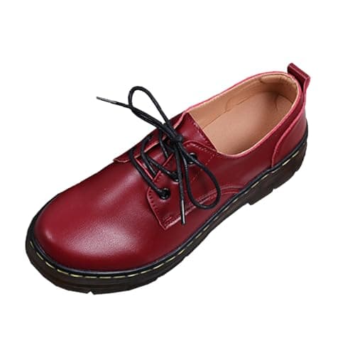 Image of Women's Chunky Oxfords Round Toe Lace Up Brogues Shoes Non Slip Leather Shoes for Business Casual Work（Wine red 37）