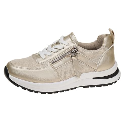 Image of Generisch Trainers Women's Zip Decoration Leather Lace-Up Shoes Comfortable Thick Sole Casual Shoes, Rose Gold, 8.5 UK