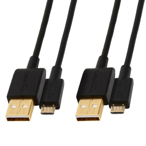Image of Amazon Basics 2-Pack USB-A to Micro USB Charging Cable, 480Mbps Transfer Speed with Gold-Plated Plugs, USB 2.0, 1.82 m, Black