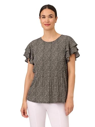 Image of Adrianna Papell Women's Pleated Knit Double Sleeve Top Blouse, Black Painted Dots, XL