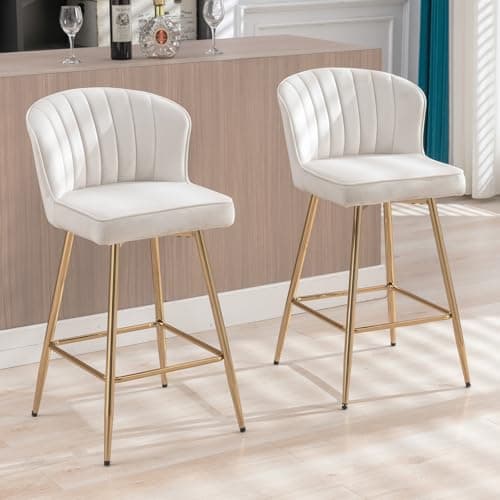 Image of chairus Breakfast Bar Stools Set of 2 Kitchen Counter Stools, Modern Velvet Bar Chairs with Metal Legs, Beige