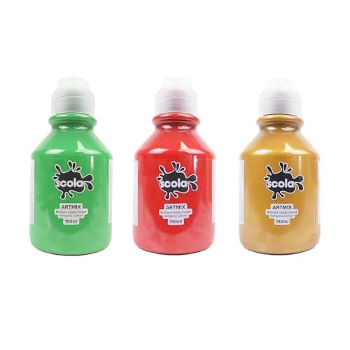 Image of Scola Readymix Water Based Tempera Paint, Christmas Set, 3 Assorted Colours, 150ml Bottles, Non-Toxic Poster Paints, Craft Projects, Suitable for 3+