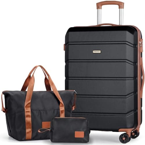 Image of Tavoxda Suitcase Sets 3 Piece, Hard Shell Lightweight ABS Carry on Trolley Travel Luggage Set Spinner Wheels & TSA Lock with Travel Duffel Bag and Toiletry Bag, 24” Medium Set, Black
