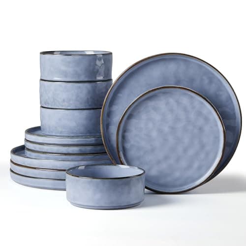 Image of Herogo 12 Piece Dinner Set, Stoneware Dinnerware Sets for 4 People, Reactive Glaze Dining Plates and Bowls, Microwave and Dishwasher Safe, Chip and Scratch Resistant, Grayish Blue