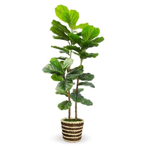 Image of Artificial Plant Indoor with Pot,120cm Faux Fiddle Leaf Fig Tree with Natural Wood Trunk,Fake Plants for Indoor Outdoor Office Living Room Bathroom Decor