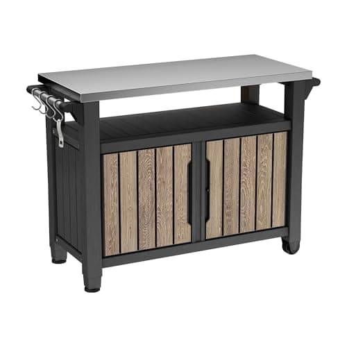 Image of Keter Unity XL Outdoor Kitchen BBQ Table – Ashwood Brown | Stainless Steel Serving Station with Storage | Wood‑Look Finish, Hooks, Paper Towel Holder & Bottle Opener | All‑Weather Outdoor Entertaining