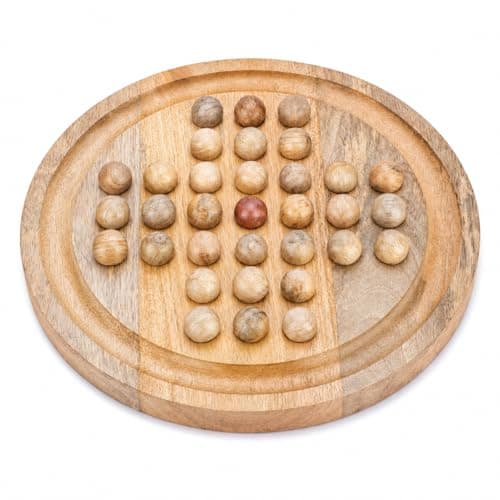 Image of Ajuny Wooden Solitaire Board Game 10.8 Inch, Classic Peg Solitaire Puzzle Set with Wooden Balls, Traditional One Player Brain Teaser Strategy Mind Game for Kids Adults Seniors