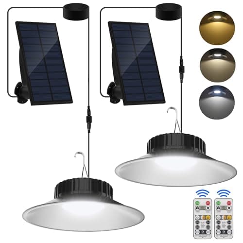 Image of NATPOW Solar Shed Light Outdoor, Solar Pendant Lights Indoor Dimmable/Timing with Remote Control, IP65 Waterproof Solar 3000K/4000K/6000K Gazebo Lights with 9.84FT Cord for Garden Garage Barn (2Pack)