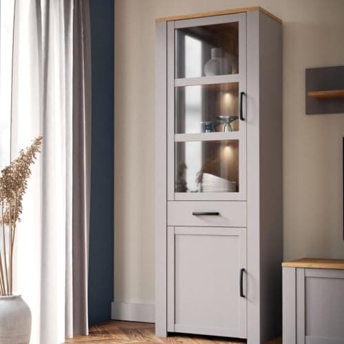 Image of Rustic Wooden Riviera Oak Tall Large Home Display Storage Cabinet With Glass Door, Drawer & LED Lights | Wood Dining Room Unit, Living Room Cabinet, Home Furniture (Grey)