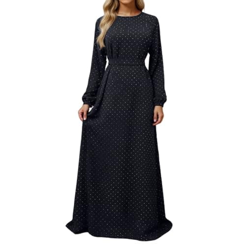 Image of Elegant Women Long Sleeve Maxi Dress with Belt and Sparkling Crystals, black, XXL