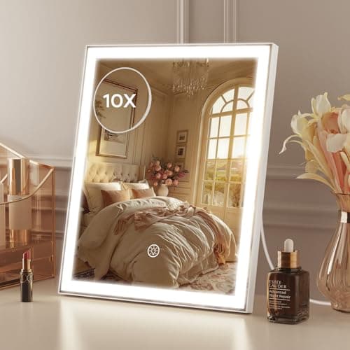 Image of Amdelne Vanity Mirror with Lights, Touch Control Makeup Mirror with 3 Colour Modes & 10X Magnifying, Easy Clean, USB C Powered with Plug, Dimmable Light Up Mirrors for Dressing Table, 25x30cm, White