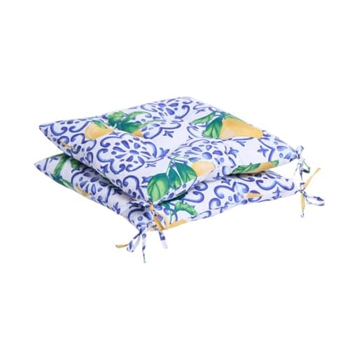 Image of OHS Chair Cushions Pack of 2 Lemon Print Seat Pads For Dining Chairs Indoor/Outdoor Soft Comfy Seat Cushions with Ties For Garden Living Room Kitchen, Blue/Yellow-40x40cm