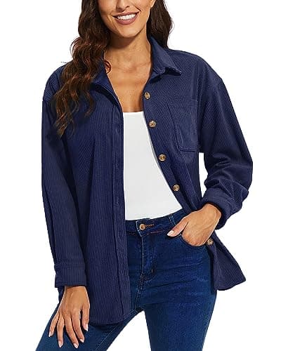 Image of TACVASEN Womens Corduroy Shirts Jacket Winter Casual Warm Shirt Button Long Sleeve Plain Shackets for Lady UK Navy Blue,2XL