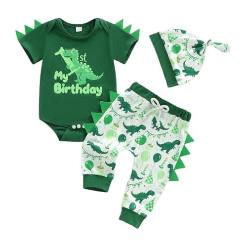 Image of Toddler Boys 1st Birthday Outfits Long Sleeve Dinosaur Letter Print Bodysuit Jumpsuit Romper Tops and Elastic Waist Pants and Hat Sets 3Pcs Baby Boy First Birthday Outfit (Green, 12-18 Months)