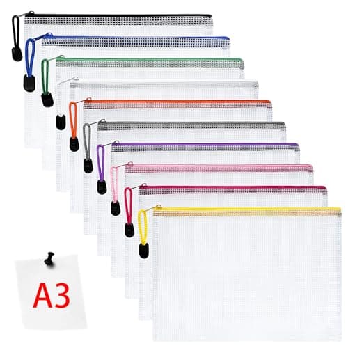 Image of Vicloon Plastic Wallets, 10Pcs A3 Zip Lock Bags, Mesh Document Wallet Document Folders Plastic Pockets Zipper File Wallet for School Office Homework Travel Storage Bags (Color Zipper)
