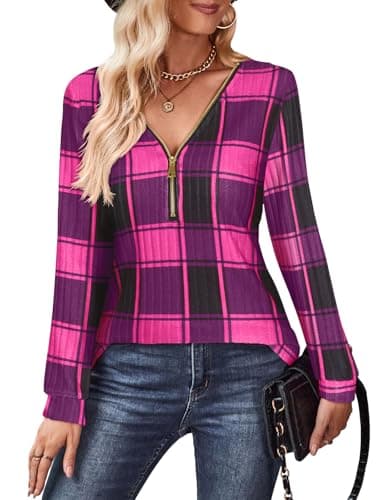 Image of Gemulate Tops for Women UK, Ribbed Zip top Women Long Sweater Winter Sweatshirts Knit Jumper Casual Loose Striped Fall Clothes for Ladies Plaid Rose M
