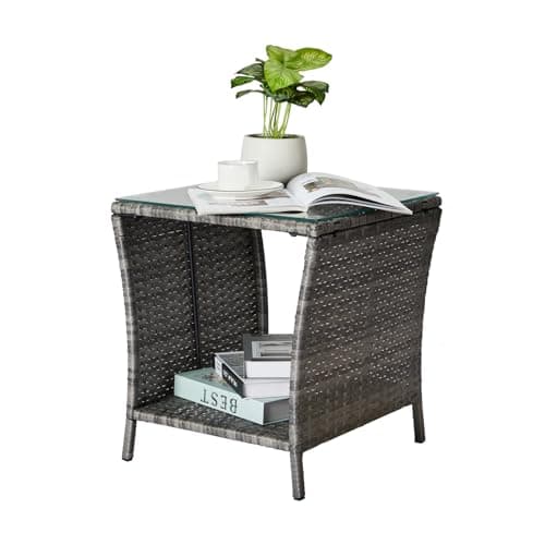 Image of Bonnlo Garden Coffee Table, Small Grey Rattan Side Table, Weatherproof with Glass Top for Outside Balcony Conservatory, 46x46x50cm