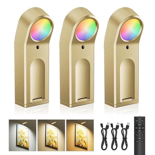 Image of AIFEI Picture Lights for Wall, 4000mAh Rechargeable Battery Operated Picture Light with Remote, Dimmable 3 Color Temps & 8 RGB, Wireless Art Lighting for Paintings, Frames, Gallery (Brass, 3 Pack)