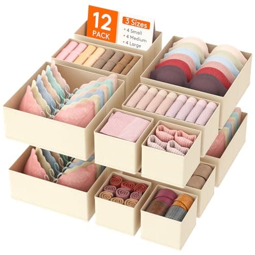 Image of Lifewit 12 Pack Drawer Organiser, Collapisble Fabric Chest of Draw Dividers for Closet, Dresser, Nursery, Bedroom, Foldable Cube Boxes for Clothes, Pants, Underwear, Sock, Bras Organization, Khaki