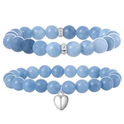 Image of Shimmeroo 2PCS Blue Natural Stone Bead Bracelet, 8.5mm Crystal Bracelet Set for Stress Relief & Good Luck, Gift for Women Wife Sister Friend Birthday Valentine's Day