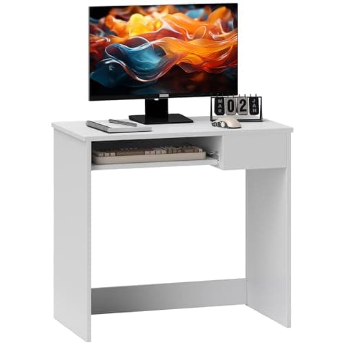 Image of HOMCOM 80cm Compact Computer Desk with Keyboard Tray, Home Office Desk with Drawer for Bedroom Study, White