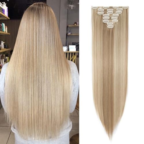 Image of SEGOHAIR Hair Extensions Clip in 8Pcs 18 Clips Synthetic Fiber Seamless 26" Long Straight Full Head - Sandy Blonde mix Bleach Blonde