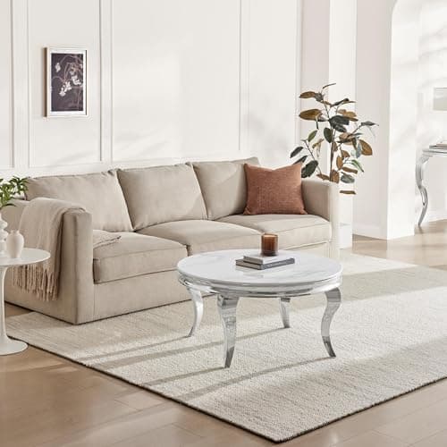 Image of Furniturebox UK Living Room Furniture, Skye White Marble Effect Round Coffee Table, Bevelled Glass Top & Silver Stainless Steel Legs with Rococo Flair, Sleek Elegant Modern Table