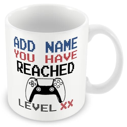 Image of MUGGZ -Birthday Personalised Gamer Mug (11oz) PS5 Style - You Have Reached Level Custom LevelUp Mug Gift for Men/Women- Any Age or Name - Novelty Video Game Controller Design Gifts for Him or Her