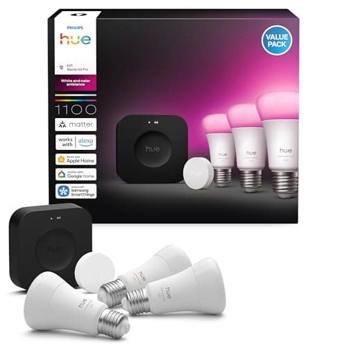 Image of Philips Hue Starter Kit Bridge Pro + Smart Button + 3 A60 E27 Smart Bulbs, White and Colour Ambience, Smart Light Hub, Works with Apple Home, Amazon Alexa, Google Assistant, Samsung SmartThings
