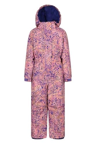 Image of Mountain Warehouse Cloud Kids Snowsuit - Waterproof, Adjustable, One Piece Jumpsuit with Taped Seams & Fleece Lining, Girls & Boys - Winter, Ski & Rain Coral (Printed) Kids Size 5-6 Years