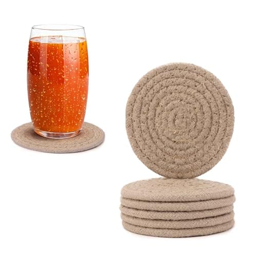 Image of Encasa XO Drink Coasters Set of 6 | Beige Color With Round Size 9 cm | Handcrafted Ribbed Cotton | Absorbent & Heat-Resistant | Use For Tea, Coffee Table & Desk