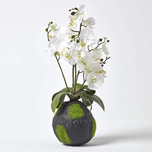 Image of HOMESCAPES White Artificial Orchid with Lifelike Silk Flowers and Realistic Green Leaves Oriental Phalaenopsis Orchid Flower with Faux Moss Base 60cm tall for Indoor Decoration