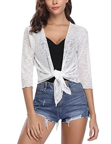 Image of Gyabnw Bolero Cardigans for Women Summer Short Sleeve Cardigans Tie Front Shrugs Lightweight Jacket for Wedding Dress