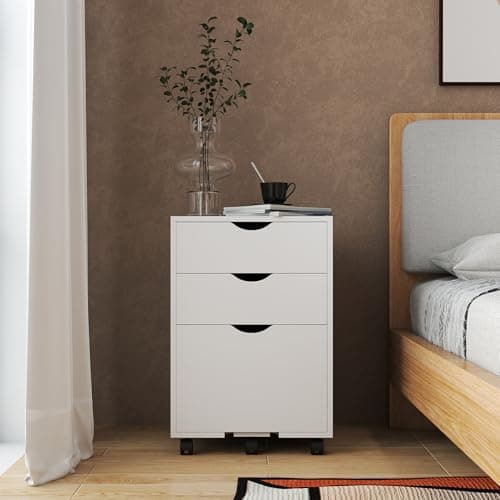 Image of HollyHOME Mobile Filling Cabinet with 3-Drawer, Wood Desk Drawers on Wheels Rolling Printer Stand, Hanging Files Cabinet for Home Office Storage, White