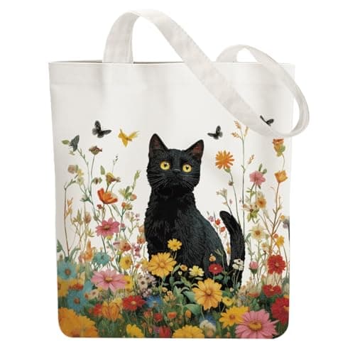 Image of ANATTASOUL Canvas Tote Bag Black Cat In Flower Reusable Cotton Bag for Women, Durable and Foldable Cloth Shoulder Bags with Zip Pockets for Shopping, Vacation, Work, Gym