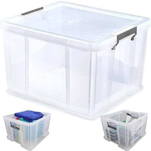 Image of Ploutos World Wide 48 Litre Heavy Duty Clear Plastic Storage Box with Secure Silver Clip Lock Lid – Large Stackable Storage Container with Lid for Home Organisation Clothes & Tool Storage (48L)