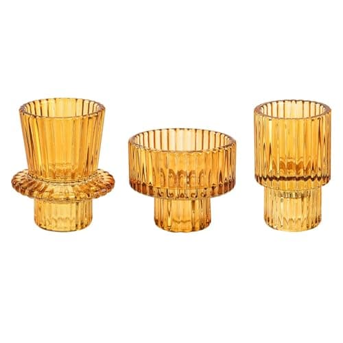 Image of Doolitt Candle Holders Set of 3, Votive Glass Candle Stick Holders, Pillar Taper Decor Centerpiece for Table,Crystal Tea Light Candle Holders for Home Dinning Wedding Party Festival (3, Amber)