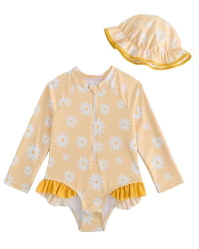 Image of WYTbaby Baby Girl Swimsuit Long Sleeve Toddler Swimming Costume with Hat Floral Ruffle Swimwear Snap Bottom Sun Protection Bathing Suits for Infant Girl 2-3 Years Yellow Daisy