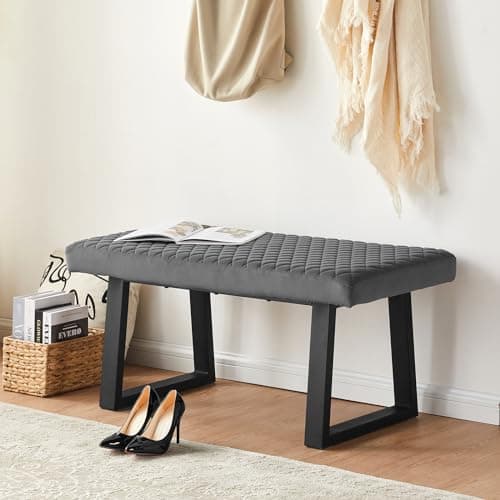 Image of TUKAILAi Upholstered Dining Bench, 100 cm Velvet Padded Seat Modern Ottoman Bench Hallway Bench with Sturdy Metal Legs, Dining Room Bench Seating for Entryway Living Room Bedroom (Grey)