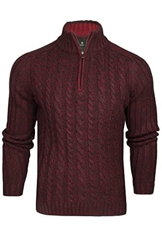 Image of Xact Men’s Quarter Zip Cable Knit Jumper, Chunky Funnel Neck 1/4 Zip Pullover, Regular Fit Warm Smart Casual Knitwear (Navy/Burgundy Twist) L