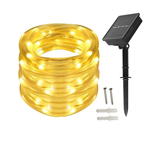 Image of BXROIU Solar Rope Lights 100 LEDs String Lights Starry Fairy Lights,33 ft/10meter Waterproof Outdoor Tube for Patio, Garden, Party (Warm White)