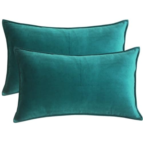 Image of Lutanky Peacock Green Velvet Cushion Covers 30 x 50 cm Decorative Rectangle Throw Pillow Covers (Pack of 2) Soft Oblong Piped Pillowcases for Sofa Bedroom with Invisible Zipper 12x20 Inch