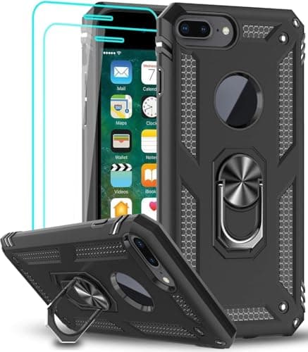 Image of LeYi for iPhone 8 Plus/7 Plus Case, iPhone 6s Plus/6 Plus Case and 2 Tempered Glass Screen Protector, Ring Holder Shockproof Protective Silicone Hard Armor Phone Cover iPhone 6 6s 7 8 Plus Black