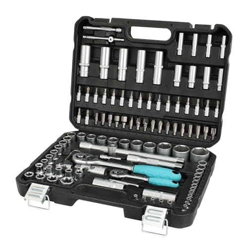 Image of DURATECH Professional Socket Set 108-Piece, 1/2" and 1/4" Square Drive Quick Release Ratchet Socket Set with Carrying Box, Cr-V Sockets, S2 Bits, Universal Joints and Extension Bars