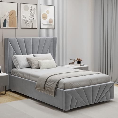 Image of Upholstered Ottoman Bed Single Bed Frame UKFR Velvet Grey Ottoman Storage Bed With Gas Lift End Opening Wooden Slats With Storage Bed (3ft Single 90 x 190, No Mattress)