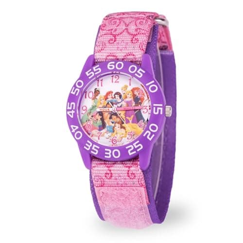 Image of Disney Girls Princess Watch Kids Pink Bezel Purple Nylon Strap Princess Watch Perfect for 4-7 Years Old Girls, pink, Princess Plastic Watches 3 - Purple Case / Pink Nylon Strap
