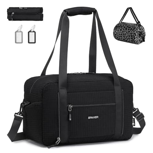 Image of SPAHER Ryanair Cabin Bag 40x20x25 Foldable Travel Duffle Weekend Gym Bags for Women Men Waterproof Overnight Hospital Holdall Bag Handbag Small Carry on Underseat Hand Luggage Black