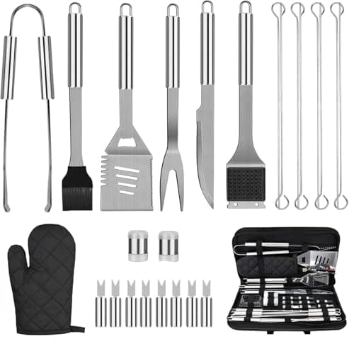 Image of Emwel BBQ Grill Tools Set 25pcs in One Case Heavy Duty Stainless Steel Barbecue Accessories Set with Carrying Bag mplete Outdoor/Indoor Grilling Barbecue Utensil Gift Set
