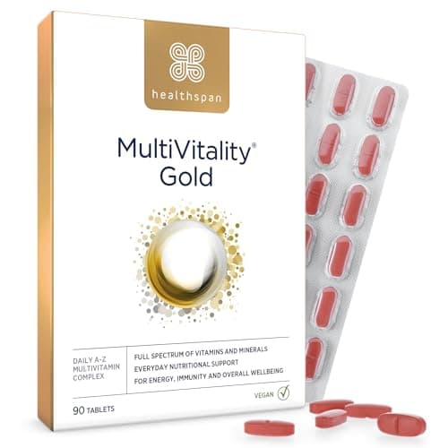 Image of Healthspan Multivitamin Gold | A-Z Formulation | Wellbeing & Immune Support | Algal Source Vitamin D3 | Vitamins A, B, C, D, E & K | Calcium, Iron, Magnesium, Selenium & Zinc | Vegan (90 Tablets)