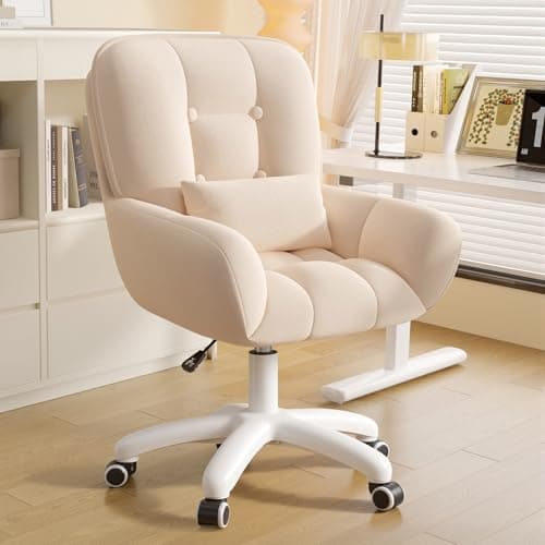 Image of Aivermeil Velvet Office Vanity Swivel Chair with Lumbar Pillow - Height Adjustable, 150kg Load Capacity, Ergonomic Desk Chair for Home Office, Study, Bedroom - Beige